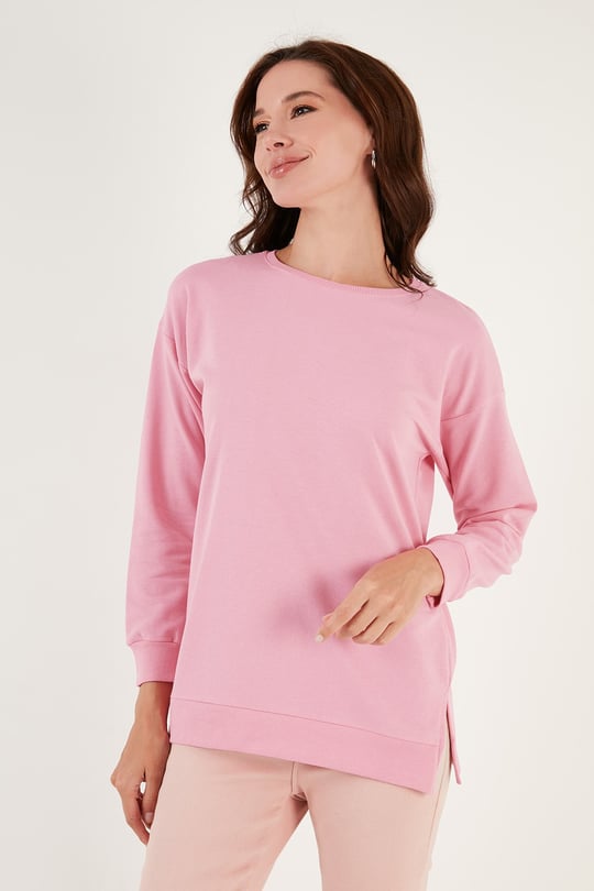 Lela Pamuklu Regular Fit Bisiklet Yaka Basic Kadın Sweat 5863569 Şeker Pembe