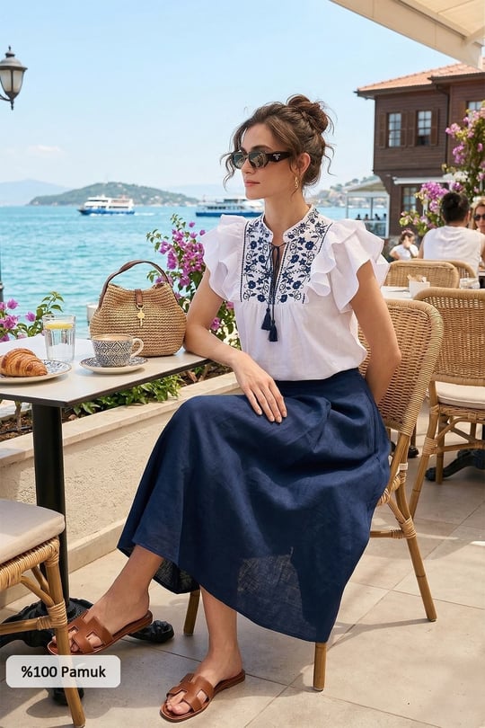 Lela Pamuklu Regular Fit Nakış İşlemeli Kadın Bluz 611BZ0253 Beyaz-İndigo