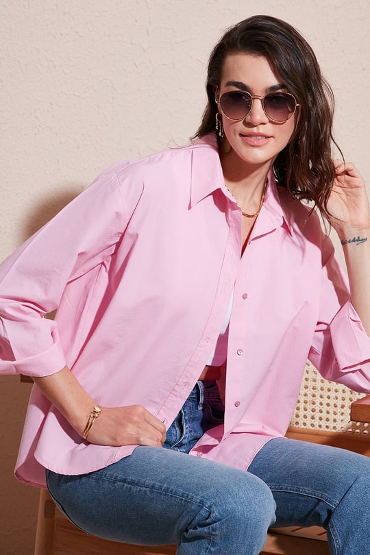 Lela Pamuklu Regular Fit Önü Kısa Arkası Uzun Oval Kesim Kadın Gömlek CF25S163867 AÇIK PEMBE