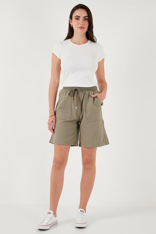 Lela Pamuklu Relaxed Fit Yüksek Bel Cepli Mini Kadın Şort 668YP5384 HAKİ