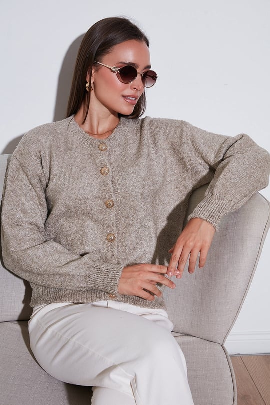 Lela Premium Regular Fit Bisiklet Yaka Yumuşak Dokulu Kadın Hırka 680HI00147 VİZON