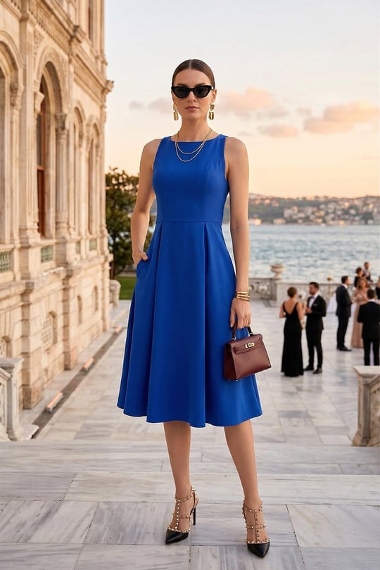 Lela Regular Fit Bisiklet Yaka Cepli Pileli Midi Boy Abiye Kadın Elbise 6111963 SAKS