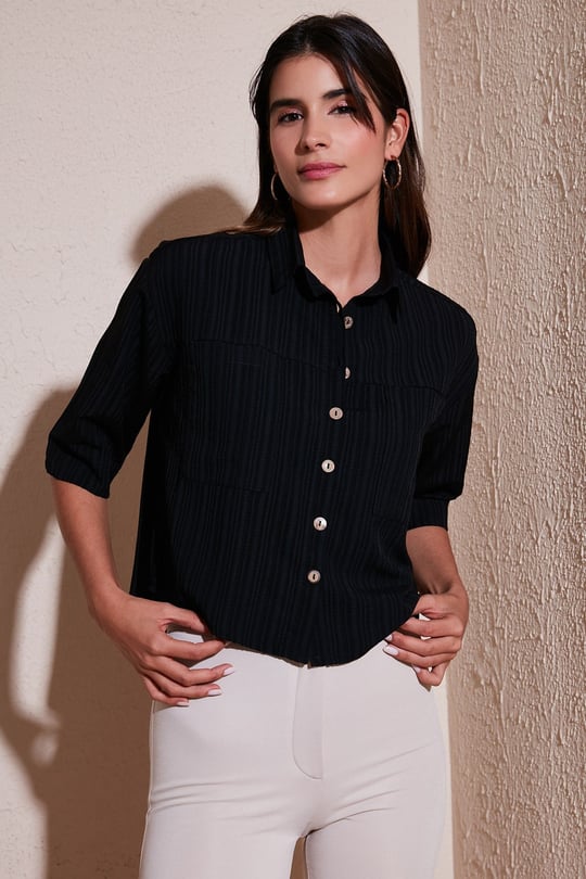 Lela Regular Fit Çift Cepli Kısa Kollu Kadın Gömlek 5865644 SİYAH