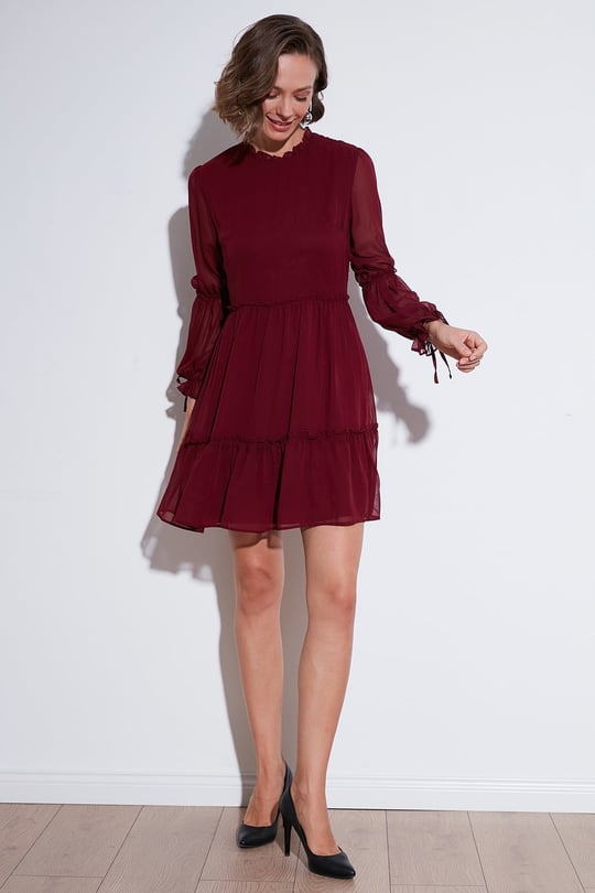 Lela Regular Fit Dik Yaka Büzgülü Astarlı Mini Abiye Kadın Elbise 611EL345 BORDO