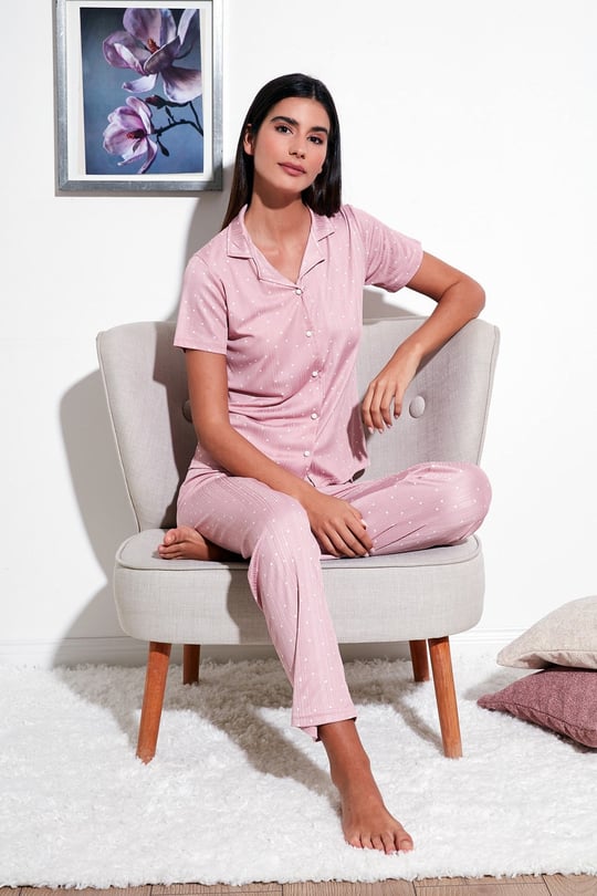 Lela Regular Fit Gömlek Yaka Kısa Kollu Kadın Pijama Takımı 65780124 PUDRA