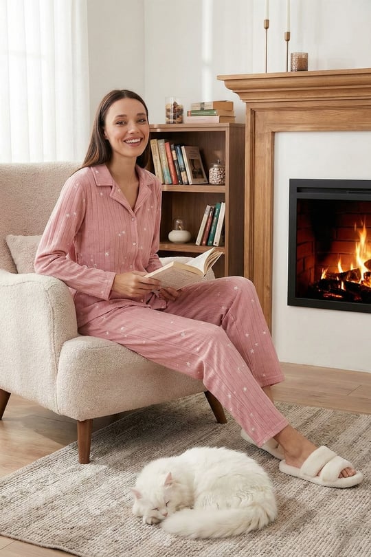 Lela Regular Fit Gömlek Yaka Önden Düğmeli Polar Kadın Pijama Takımı 6571009W4 PUDRA