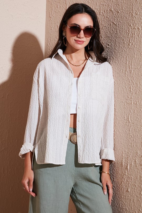 Lela Regular Fit Tek Cepli Önü Kısa Arkası Uzun Krinkıl Kadın Gömlek 6772752 TAŞ