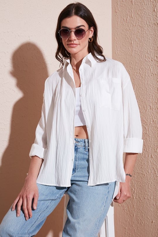 Lela Regular Fit Tek Cepli Önü Kısa Arkası Uzun Krinkıl Kadın Gömlek 6772752 BEYAZ