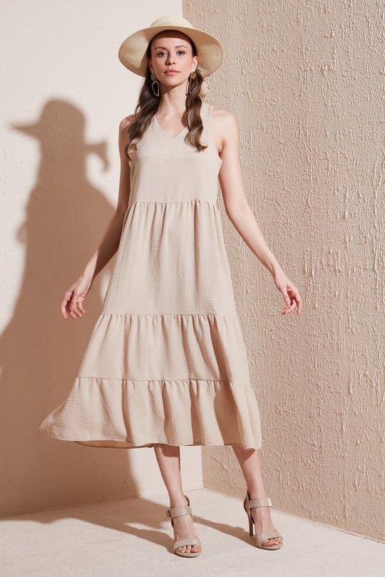 Lela Relaxed Fit V Yaka Volanlı Midi Kadın Elbise 611EL011 BEJ