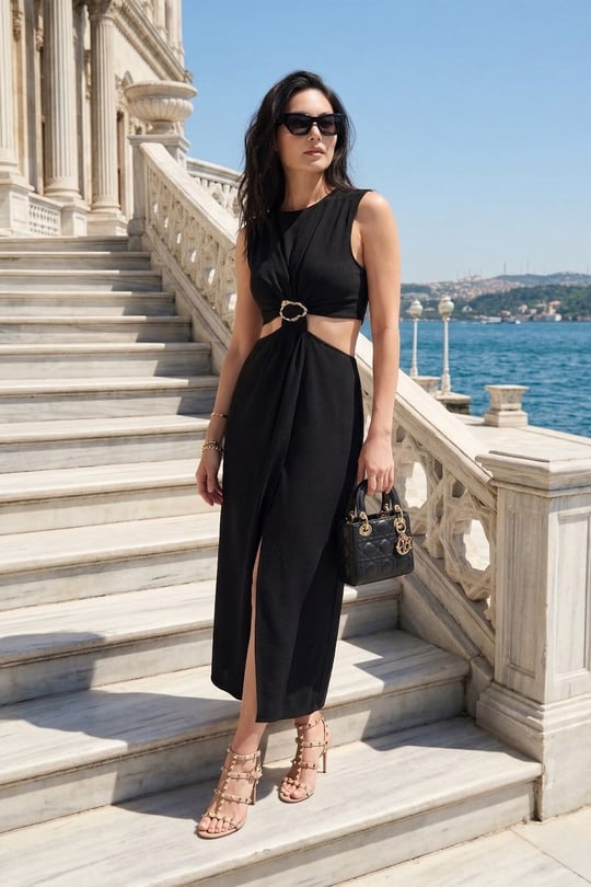 Lela Slim Fit A Kesim Bisiklet Yaka Yırtmaçlı Aksesuar Detaylı Midi Boy Kadın Elbise 6525743 SİYAH