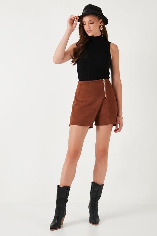Lela Streç Slim Fit Asimetrik Kesim Fermuarlı Kışlık Kadın Şort Etek 5865969 TABA