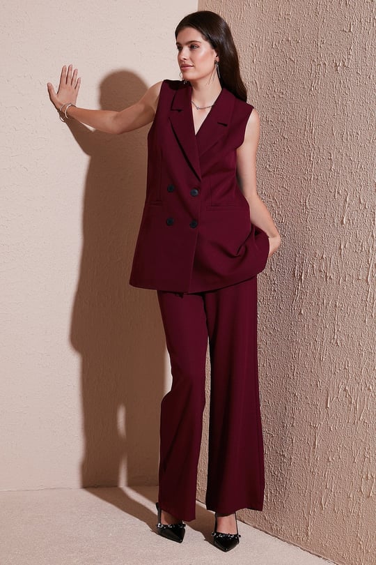 Lela Wide Leg Orta Yüksek Bel Bol Paça Kumaş Kadın Pantolon 6522974 BORDO