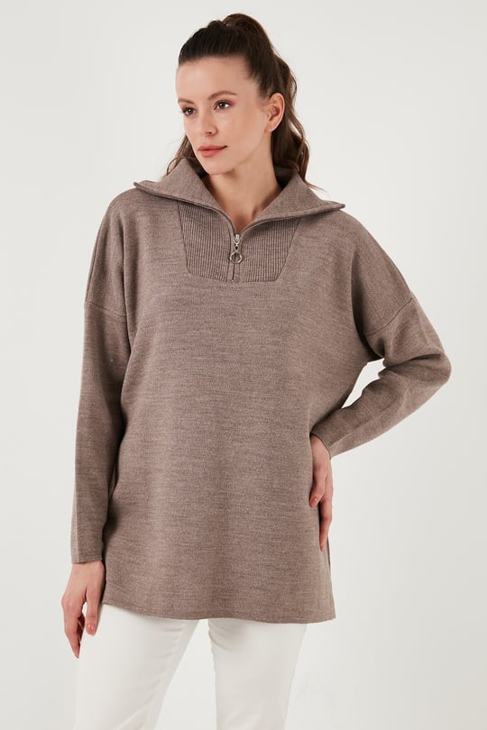 Lela Yarım Fermuarlı Onesize Triko Kadın Kazak 4616079Y KOYU VİZON