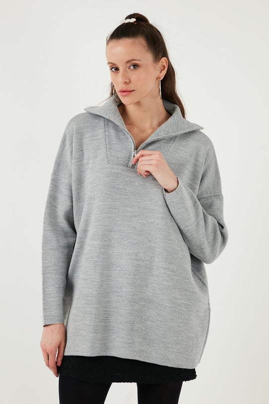 Lela Yarım Fermuarlı Onesize Triko Kadın Kazak 4616079Y AÇIK GRİ