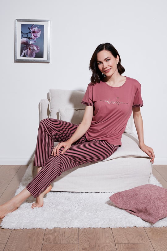 Lela Yumuşak Dokulu Bisiklet Yaka Kadın Pijama Takımı 6097605 PUDRA-SİYAH