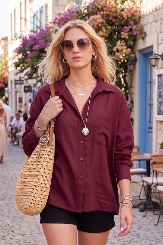 Modal Oversize Fit Uzun Kollu Kadın Gömlek 6834612 BORDO