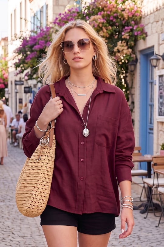 Modal Oversize Fit Uzun Kollu Kadın Gömlek 6834612 BORDO