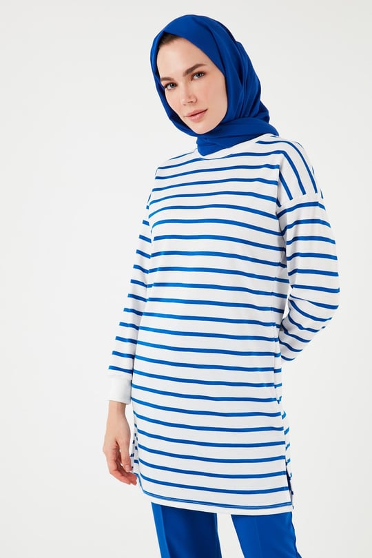 Modest Çizgili Pamuklu Regular Fit Bisiklet Yaka Kadın Tunik 5865784 SAKS