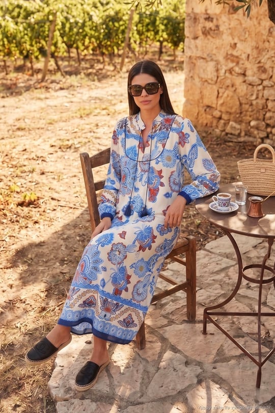 Modest Desenli Regular Fit Bağlamalı V Yaka Maxi Kadın Elbise 611EL510 LACİVERT