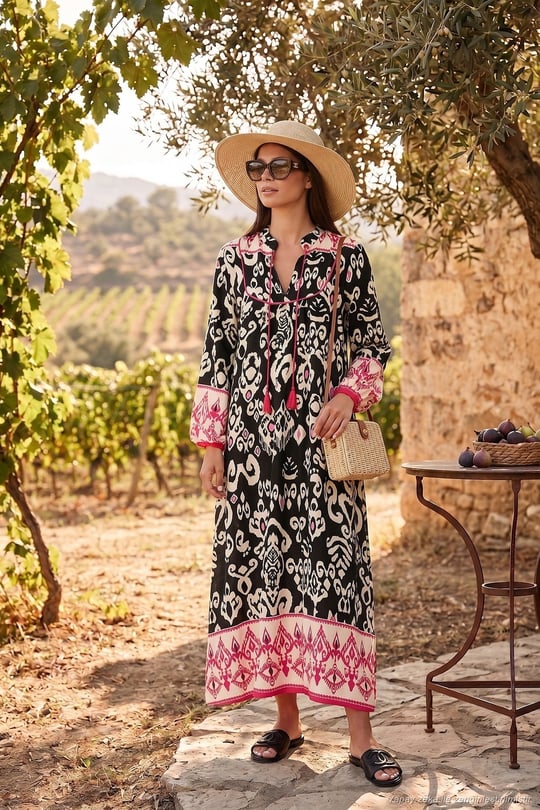 Modest Desenli Regular Fit Bağlamalı V Yaka Maxi Kadın Elbise 611EL510 SİYAH