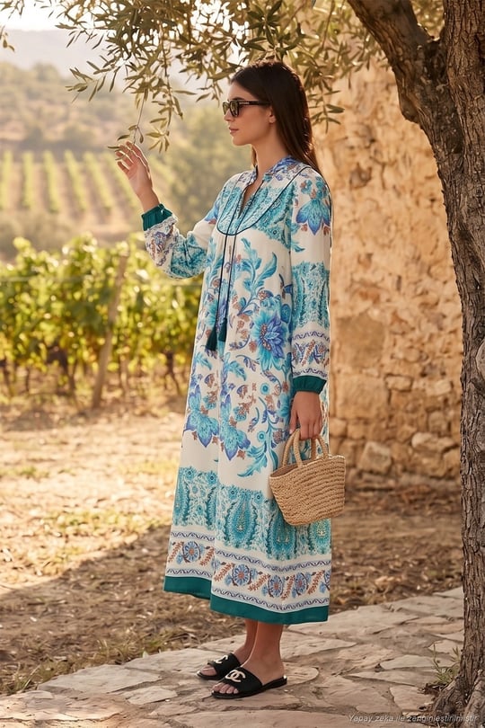 Modest Desenli Regular Fit Bağlamalı V Yaka Maxi Kadın Elbise 611EL510 YEŞİL