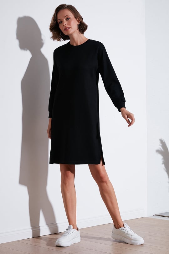 Modest OYSHO Kumaş Relaxed Fit Yırtmaçlı Kadın Tunik 5865878 SİYAH