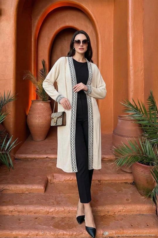 Modest Regular Fit Bağlamalı Nakışlı Tesettür Uzun Kimono Kadın Hırka 5866173 TAŞ