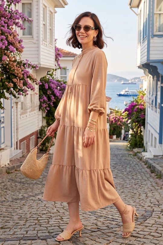 Modest Regular Fit Dik Yaka Uzun Kadın Elbise 611EL545 CAMEL