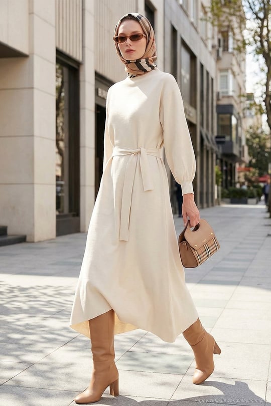 Modest Relaxed Fit Bisiklet Yaka Triko Kadın Elbise 4616198 KREM