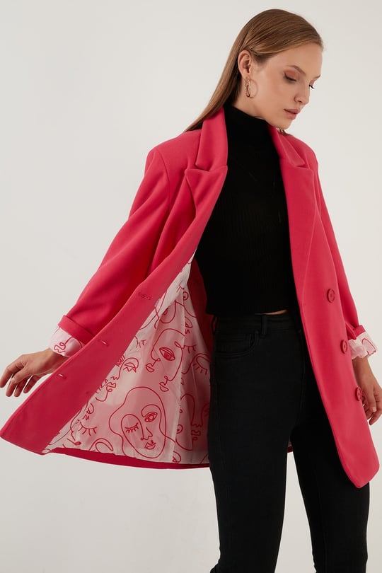 Oversize Çift Düğmeli Cepli Uzun Kadın Kaban 6230058 FUŞYA