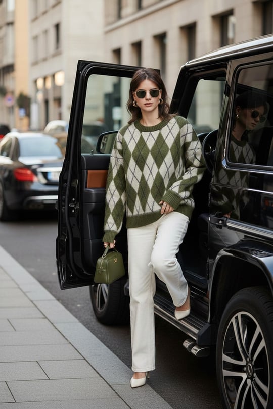 Oversize Fit Bisiklet Yaka Baklava Desenli Yumuşak Dokulu Kadın Kazak 4616223 HAKİ