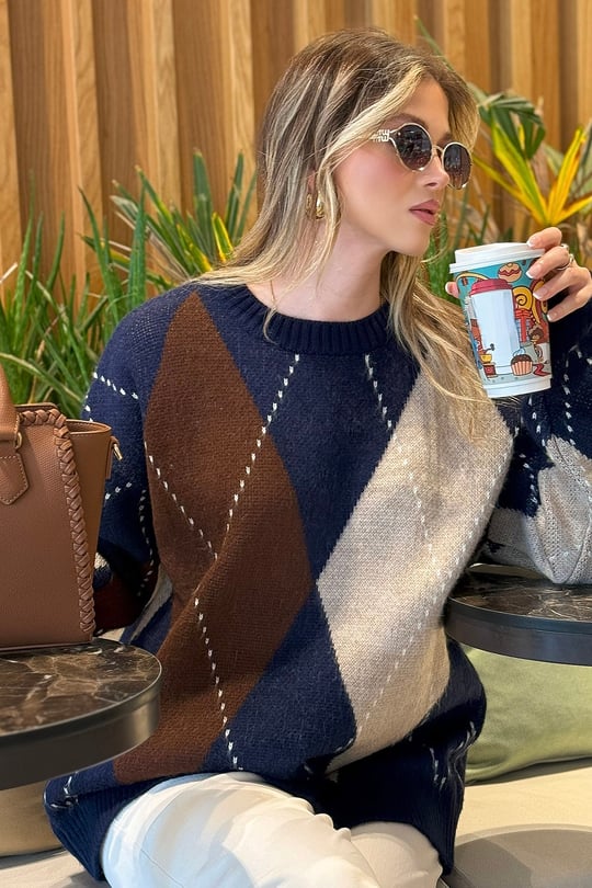 Oversize Fit Bisiklet Yaka Baklava Desenli Kadın Kazak 4615578 LACİVERT
