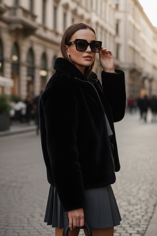 Oversize Fit Dik Yaka Fermuarlı Kadın Kürk 497ZETA SİYAH