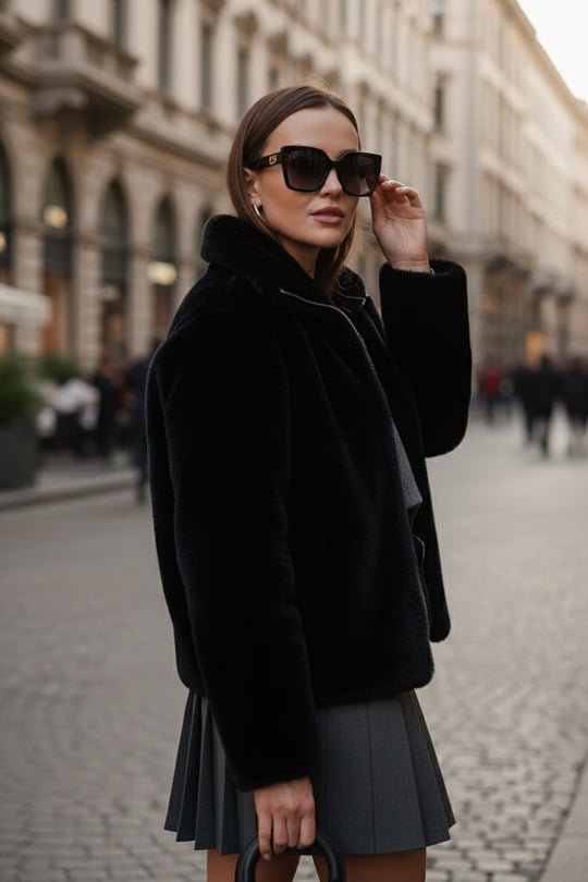 Oversize Fit Dik Yaka Fermuarlı Kadın Kürk 497ZETA SİYAH