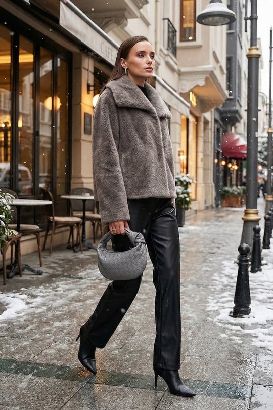 Oversize Fit Geniş Yaka Astarlı Kadın Kürk 497AFRA GRİ