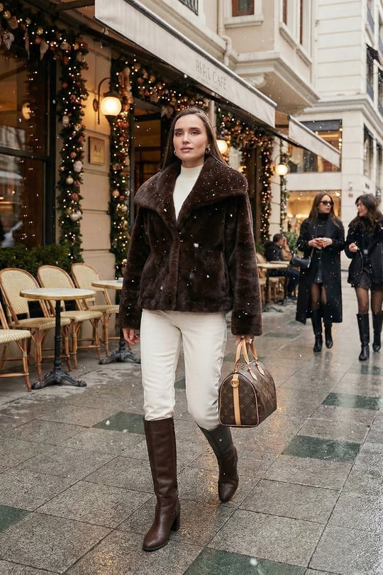 Oversize Fit Geniş Yaka Astarlı Kadın Kürk 497AFRA KAHVE