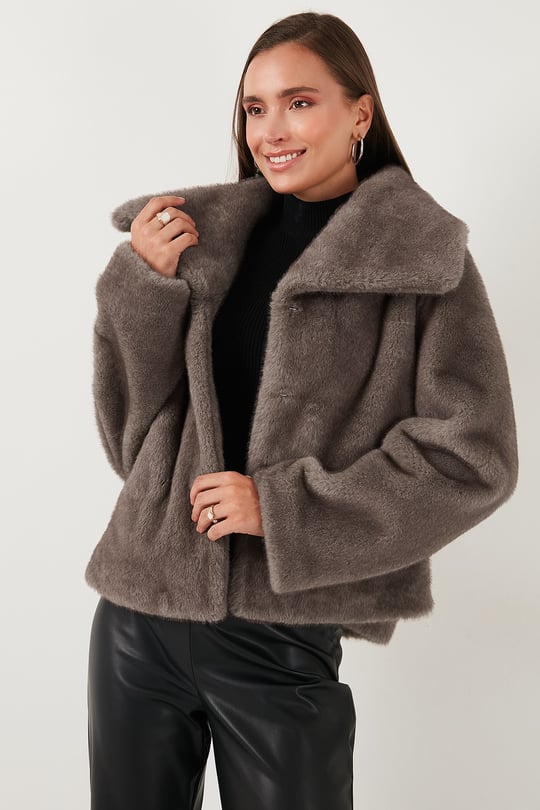Oversize Fit Geniş Yaka Astarlı Kadın Kürk 497AFRA GRİ