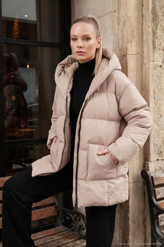 Oversize Fit Kapüşonlu Şişme Kadın Mont 640Y047 TAŞ