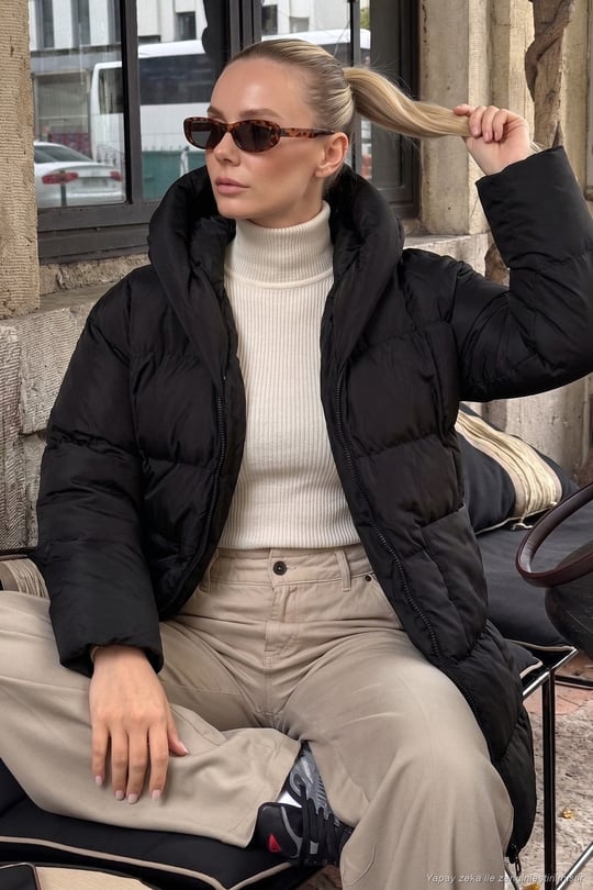 Oversize Fit Kapüşonlu Şişme Kadın Mont 640Y047 SİYAH