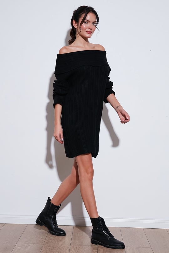 Oversize Fit Kayık Yaka Uzun Kollu Mini Triko Kadın Elbise 4615218 SİYAH