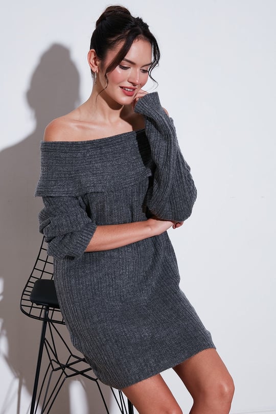 Oversize Fit Kayık Yaka Uzun Kollu Mini Triko Kadın Elbise 4615218 ANTRASİT