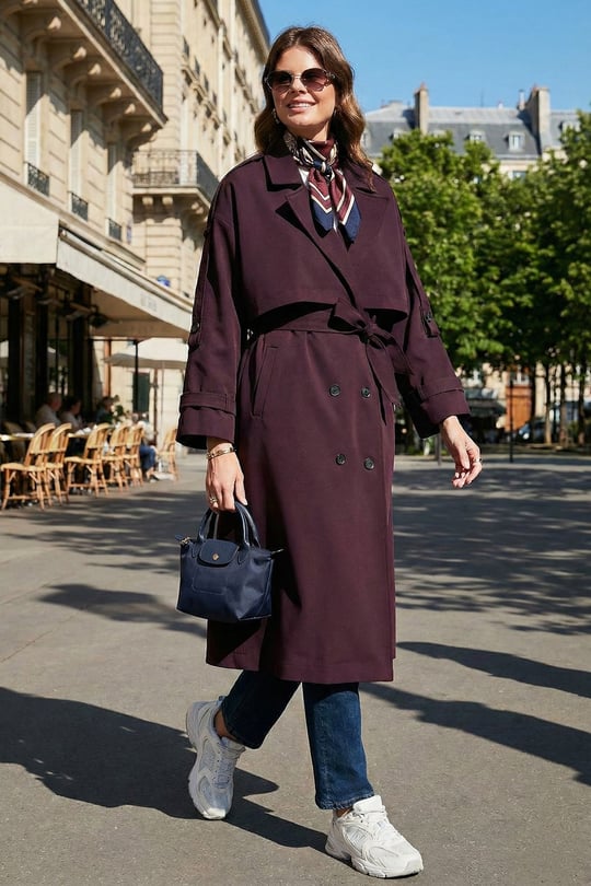 Oversize Fit Kruvaze Yaka Düğmeli Kemerli Uzun Kadın Trençkot 6839476 MÜRDÜM