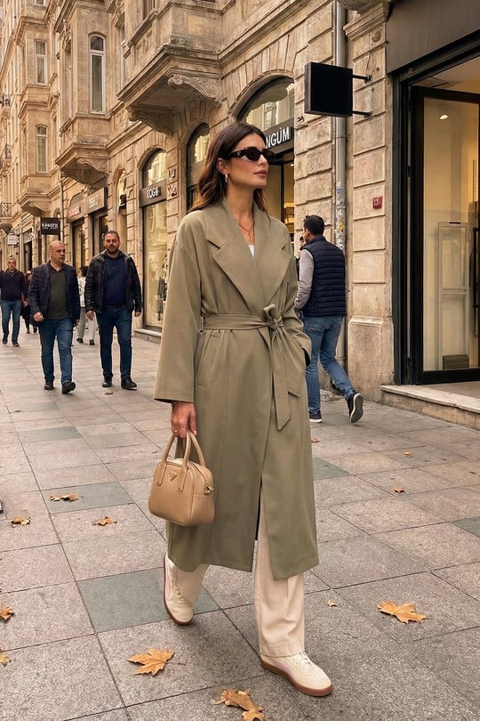 Oversize Fit Kruvaze Yaka Kuşaklı Astarlı Kadın Trençkot 6839617 HAKİ