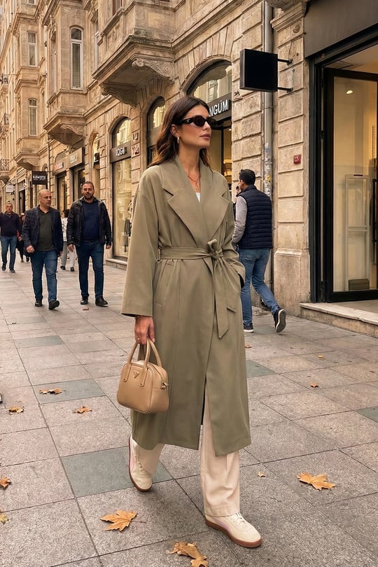 Oversize Fit Kruvaze Yaka Kuşaklı Astarlı Kadın Trençkot 6839617 HAKİ