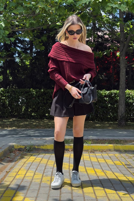 Oversize Fit Madonna Yaka Triko Kadın Kazak 4615216 BORDO
