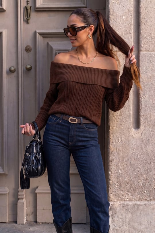Oversize Fit Madonna Yaka Triko Kadın Kazak 4615216 KAHVE