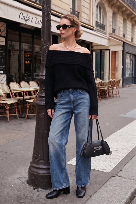 Oversize Fit Madonna Yaka Triko Kadın Kazak 4615216 SİYAH