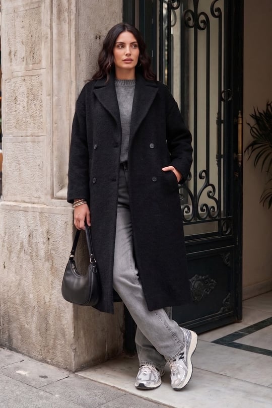 Oversize Fit Mono Yaka Düğmeli Buklet Uzun Kaşe Kadın Kaban 6811997 SİYAH