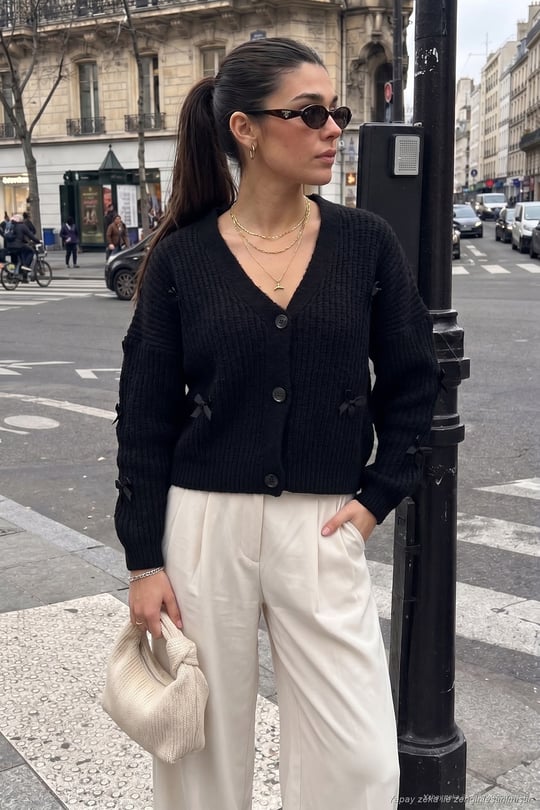 Oversize Fit V Yaka Fiyonk Detaylı Düğmeli Kadın Hırka 4615577 SİYAH