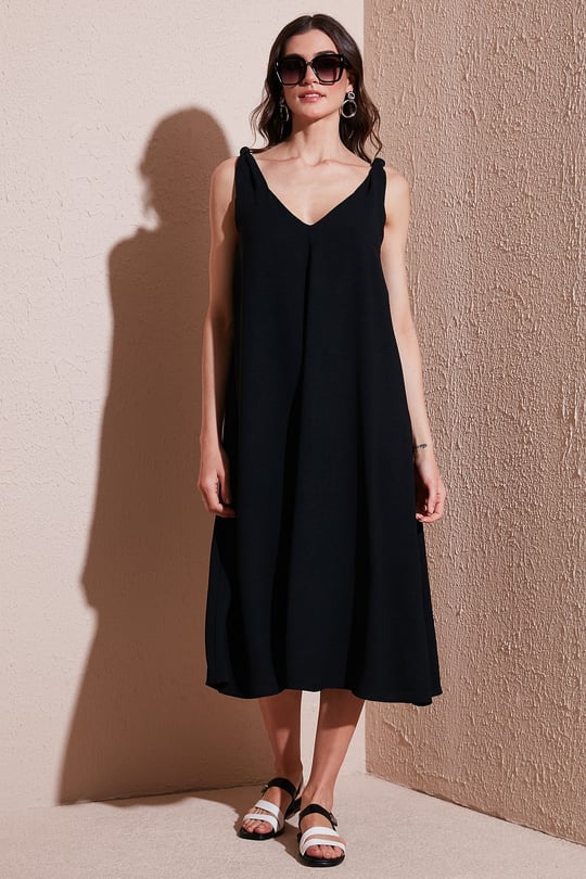 Oversize Fit V Yaka Midi Boy Basic Kadın Elbise 6788688 SİYAH
